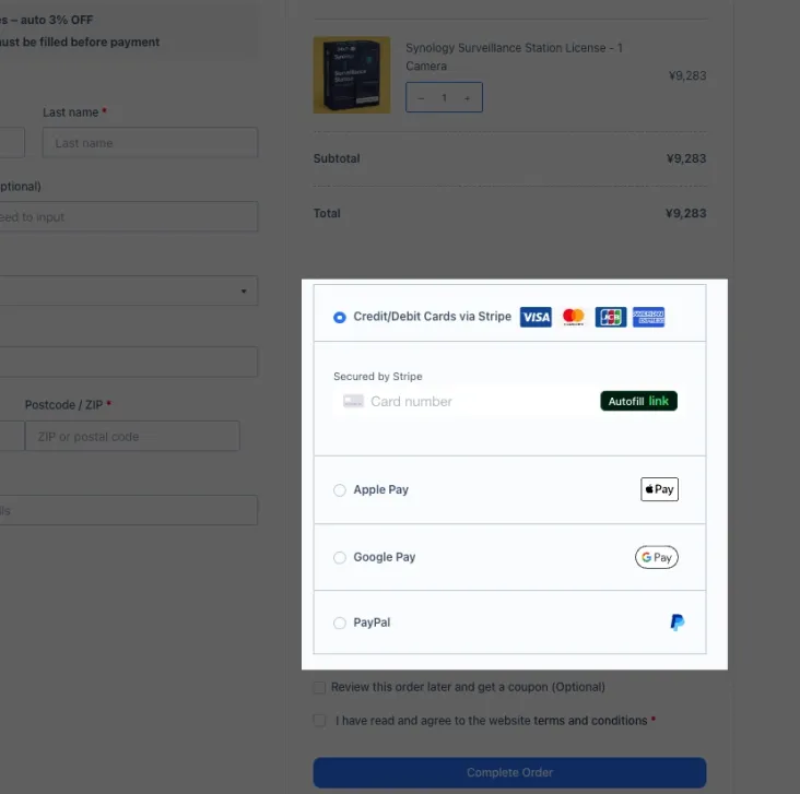 Scegli Stripe per il pagamento. Utilizza Link, Carta di debito/credito, Apple Pay, Google Pay o Conto bancario (se disponibile sul tuo sito)